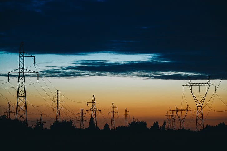 High-voltage transmission line at dusk